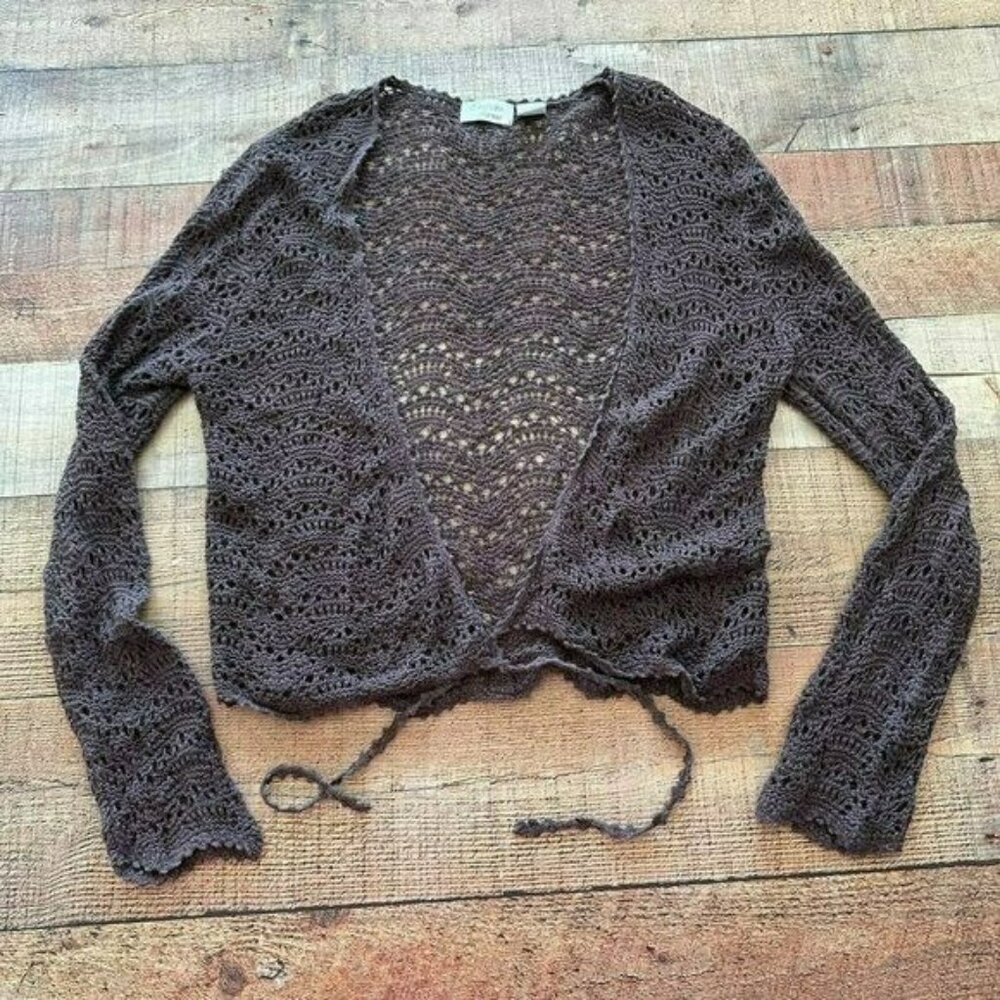 Envision Avenue grandma core open weave brown lace long sleeve wrap womens large